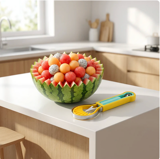 MelonForm – Mångsidigt 4-i-1 redskap för att snabbt skära, gröpa ur och skapa perfekta fruktkulor